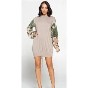 Boutique Latte Sweatshirt Mini Dress Cinched Long Sleeves Elastic Tie Large NWOT